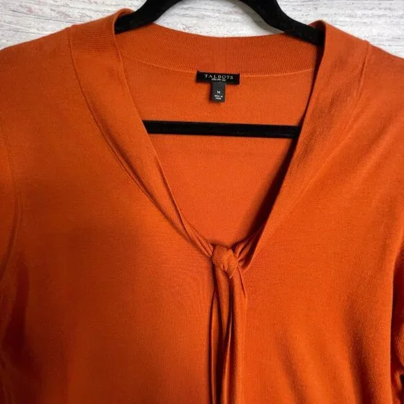 Talbots Womens Sweater Burnt Orange Size M Tie Front Collar Long Sleeve Pullover - Picture 3 of 13